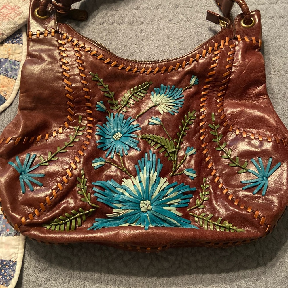 Isabella Fiore Brown Shoulder/hobe style bag  with turquoise leather embroidered
